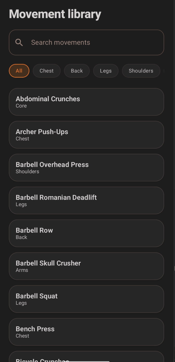 Pact movement library with searchable exercises