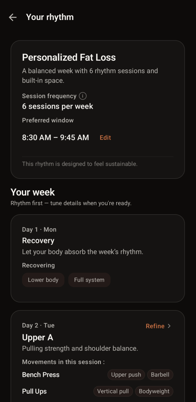 Pact rhythm screen showing sustainable weekly training schedule