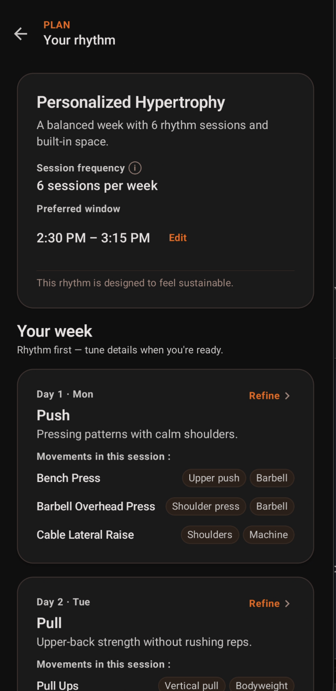 Pact weekly plan with rhythm sessions and movements