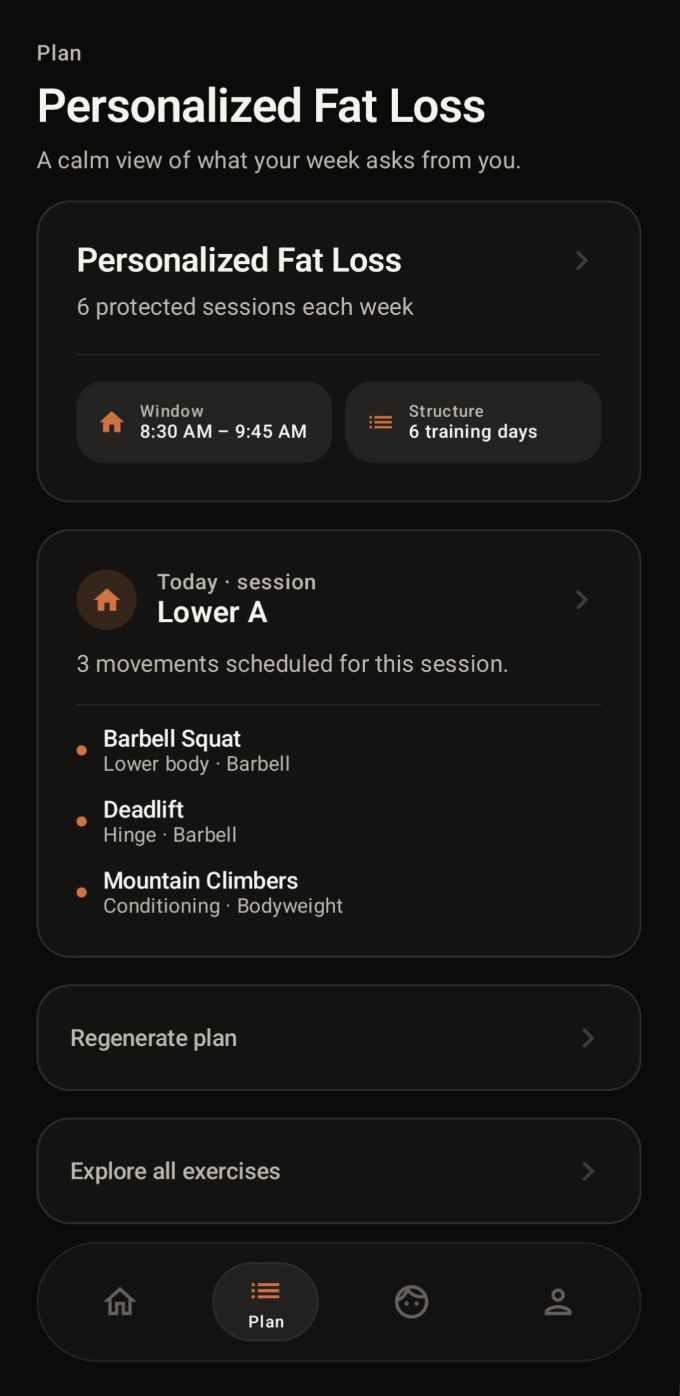 Pact workout plan screen with personalized weekly sessions